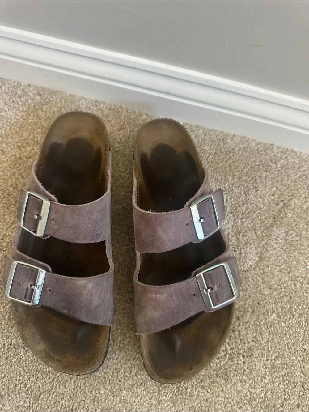 Birkenstock weathered- purple Arizona Sandals with silver Buckles